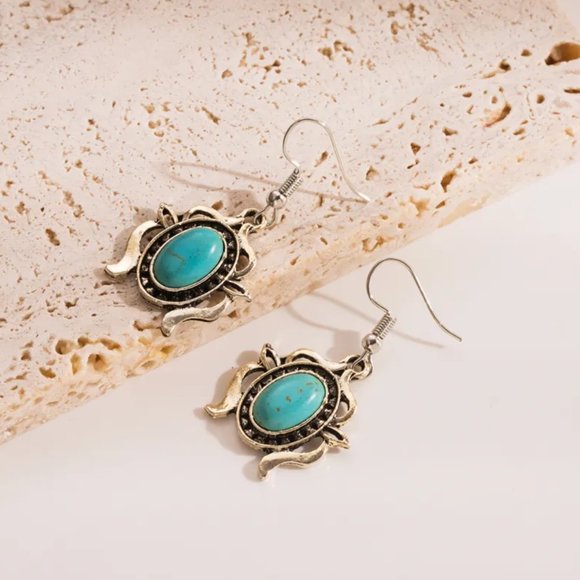 Antique Silver & Turquoise Western Southwestern Statement Necklace Earrings Set - Picture 4 of 7